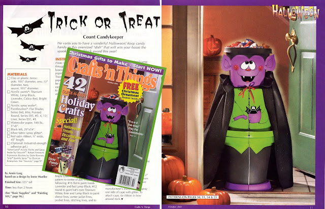 Tearsheet project image and cover of Halloween Clay Pot for Count Candykeeper by Annie Lang published by Crafts 'n Things October 2001 magazine issue