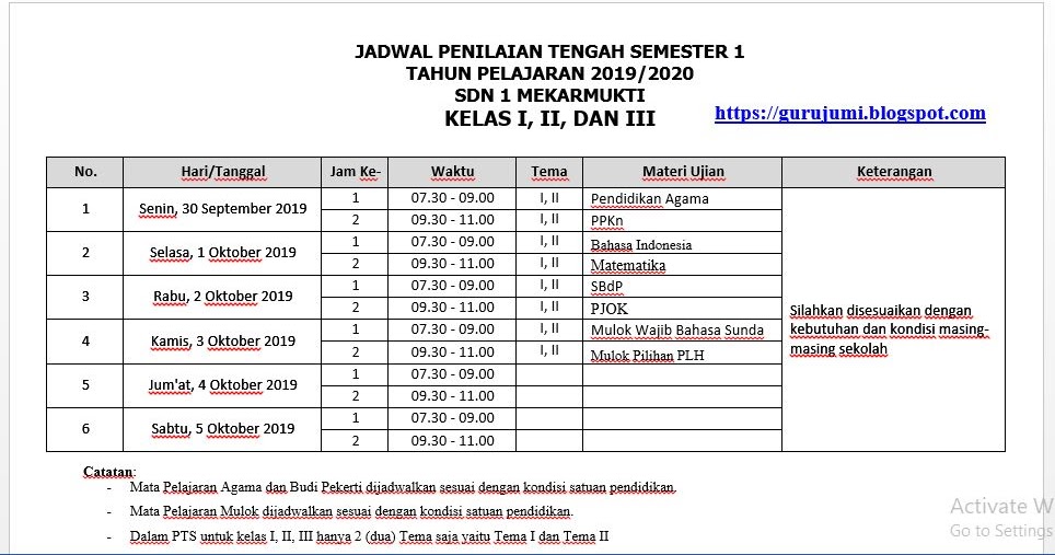 Download Contoh Jadwal PTS Semester 1 (Ganjil / Gasal) SD