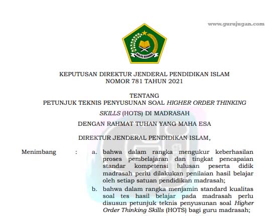 Juknis Penyusunan Soal Higher Order Thinking Skills Hots Pada Madrasah Guru Jugan