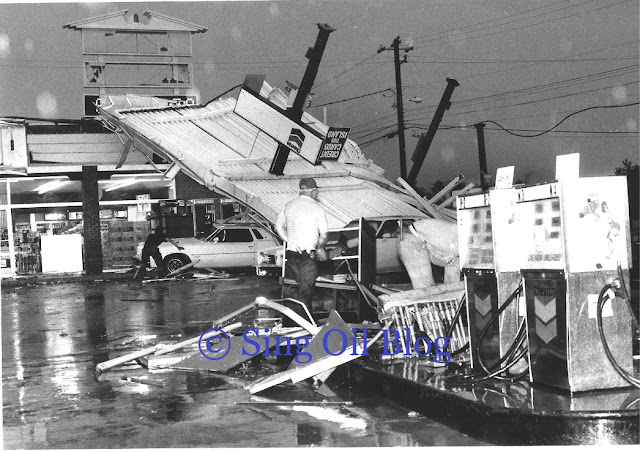 Columbus #4 Sing Store - May, 1983 after storm hit Sing Food Store & Chevron station, view from St. Marys Road