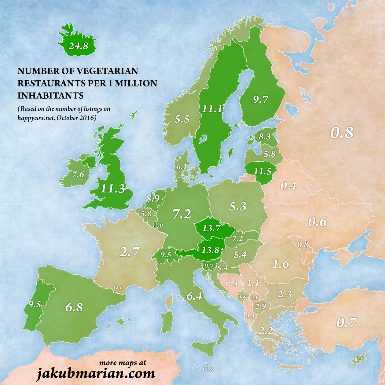 Number of vegetarian restaurants per 1,000,000 inhabitants