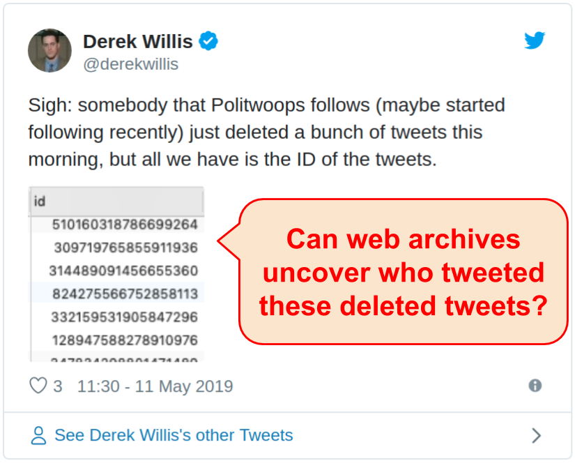 2019-08-03: Searching Web Archives for Unattributed Deleted Tweets From