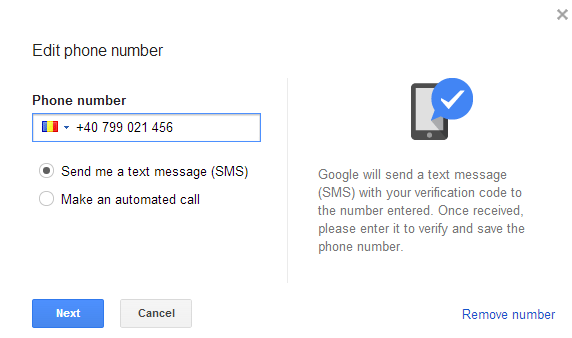 Google Settings Page for Phone Numbers