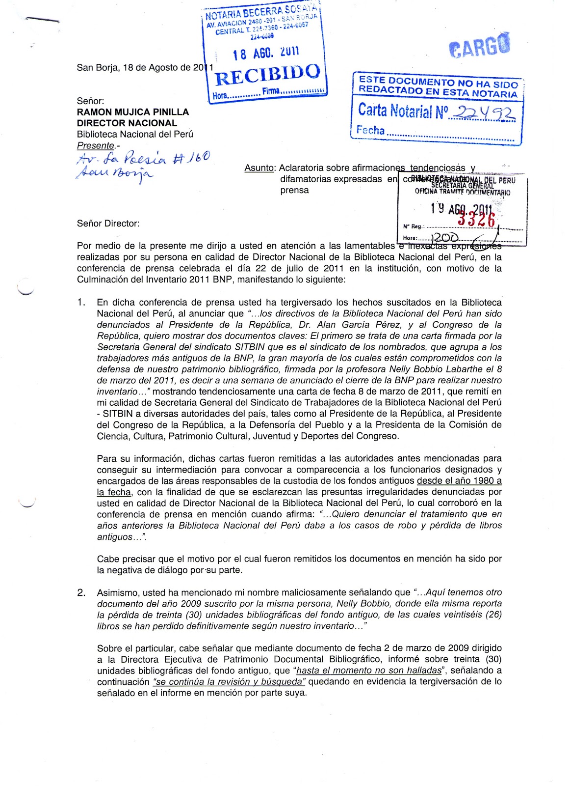 Sitbin Carta Notarial Enviada Al Director De La Biblioteca Nacional