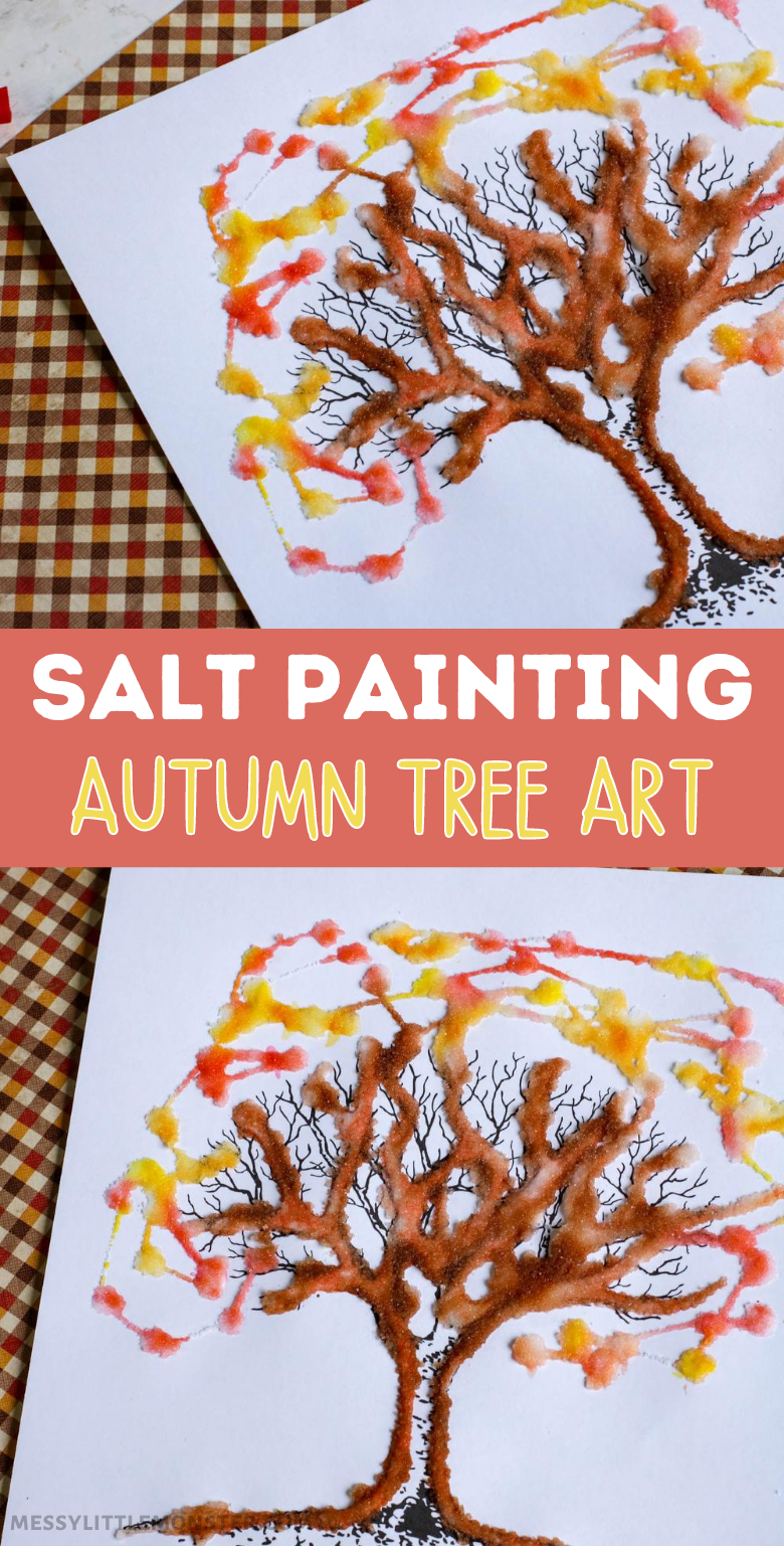 Salt painting autumn tree art with free printable tree template. An easy autumn craft for kids.