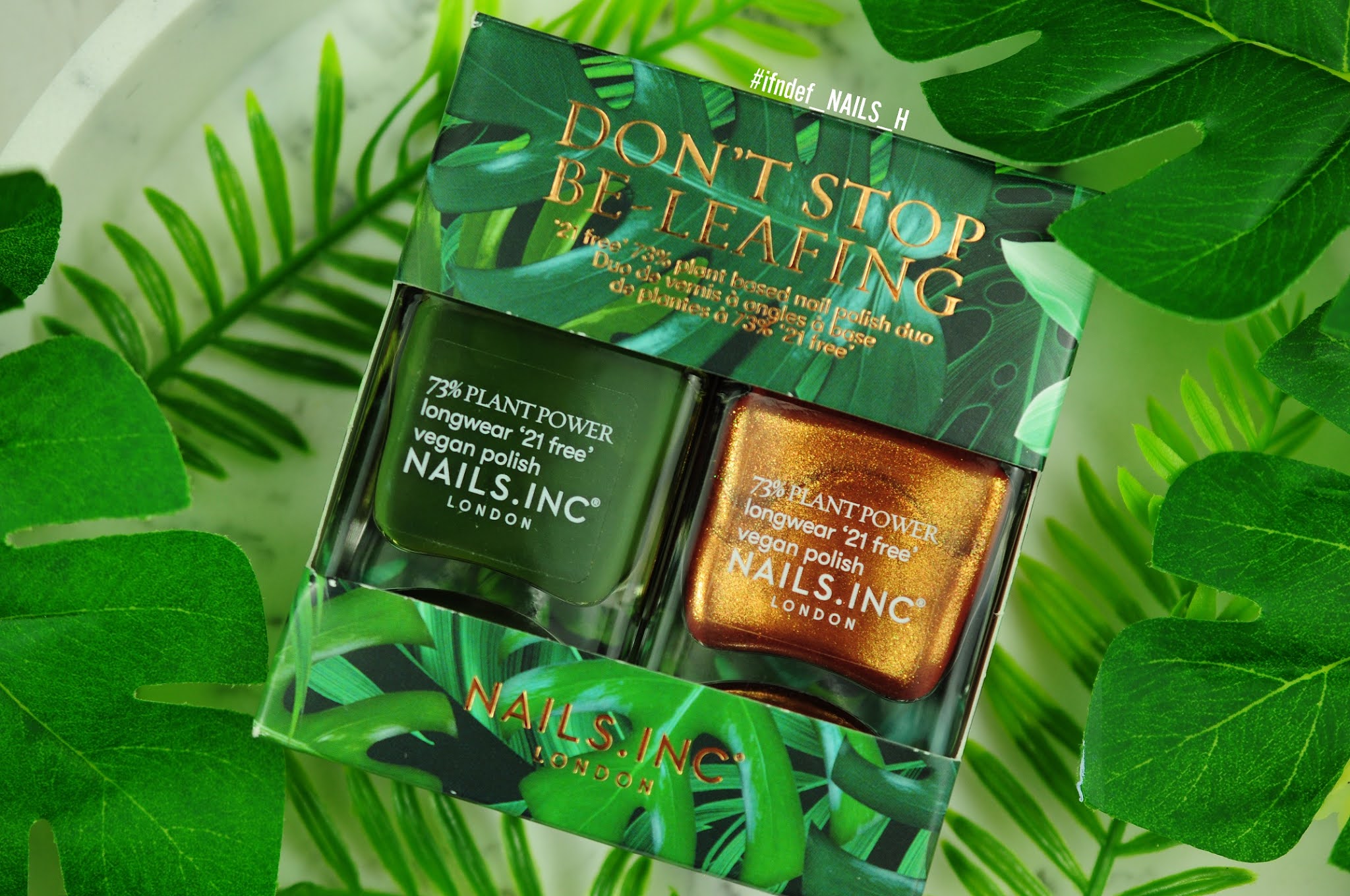 Nails Inc Don't Stop Be-leafing Duo Swatches Palms In the Air Grow Your Eco