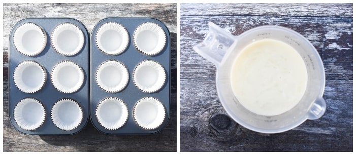 Making raspberry & white chocolate cupcakes - step 1 Making raspberry & white chocolate cupcakes - step 1 - Lining a muffin tray with cases and measuring milk