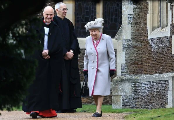 Kate Middleton wore Catherine Walker coat. Meghan Markle wore Victoria Beckham coat. Princess Eugenie wore Andrew Gn Coat. Autumn Phillips in Claire Mischevani coat