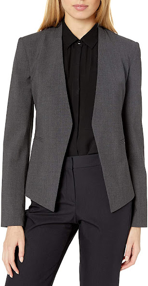 Charcoal Collarless Blazer Jacket Featuring Besom Pockets and Asymmetric Hem Trendy Dark Grey Blazers Jackets for Women