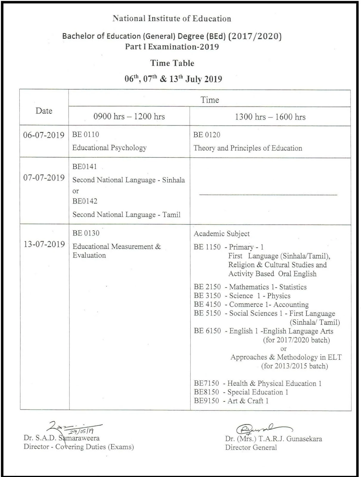 Exam Time Table BEd (2017/2020) Part I Exam NIE Teacher