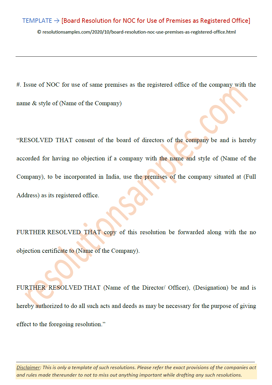 Board Resolution NOC for Use of Premises as Registered Office