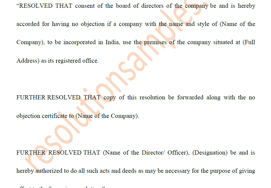 Board Resolution NOC for Use of Premises as Registered Office