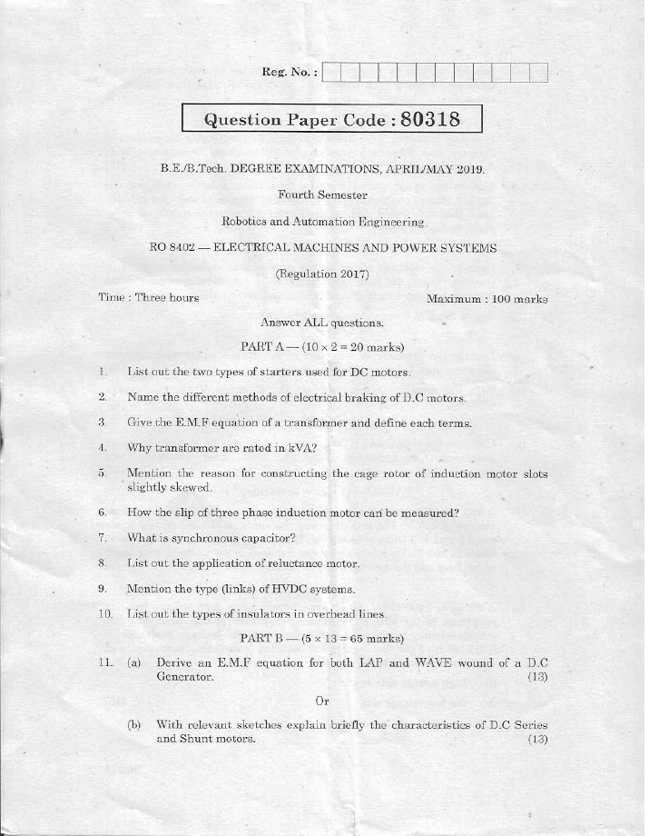 Anna University RO 8402 Electrical Machines And Power Systems APRIL/MAY2019 Question Paper