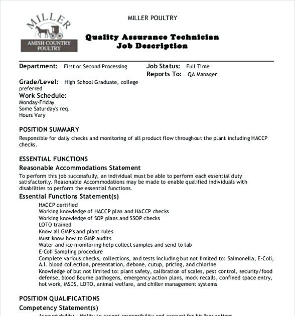 Quality Assurance Technician Job Description Resume Letter