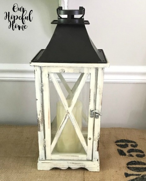 white distressed wooden tabletop lantern LED candle
