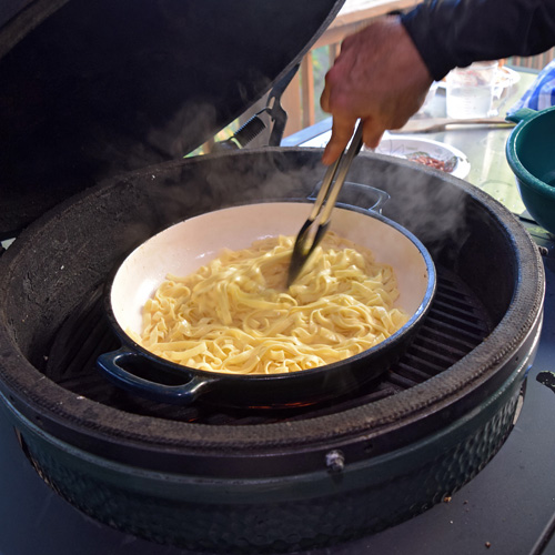 Smoked Sausage Carbonara on the Big Green Egg