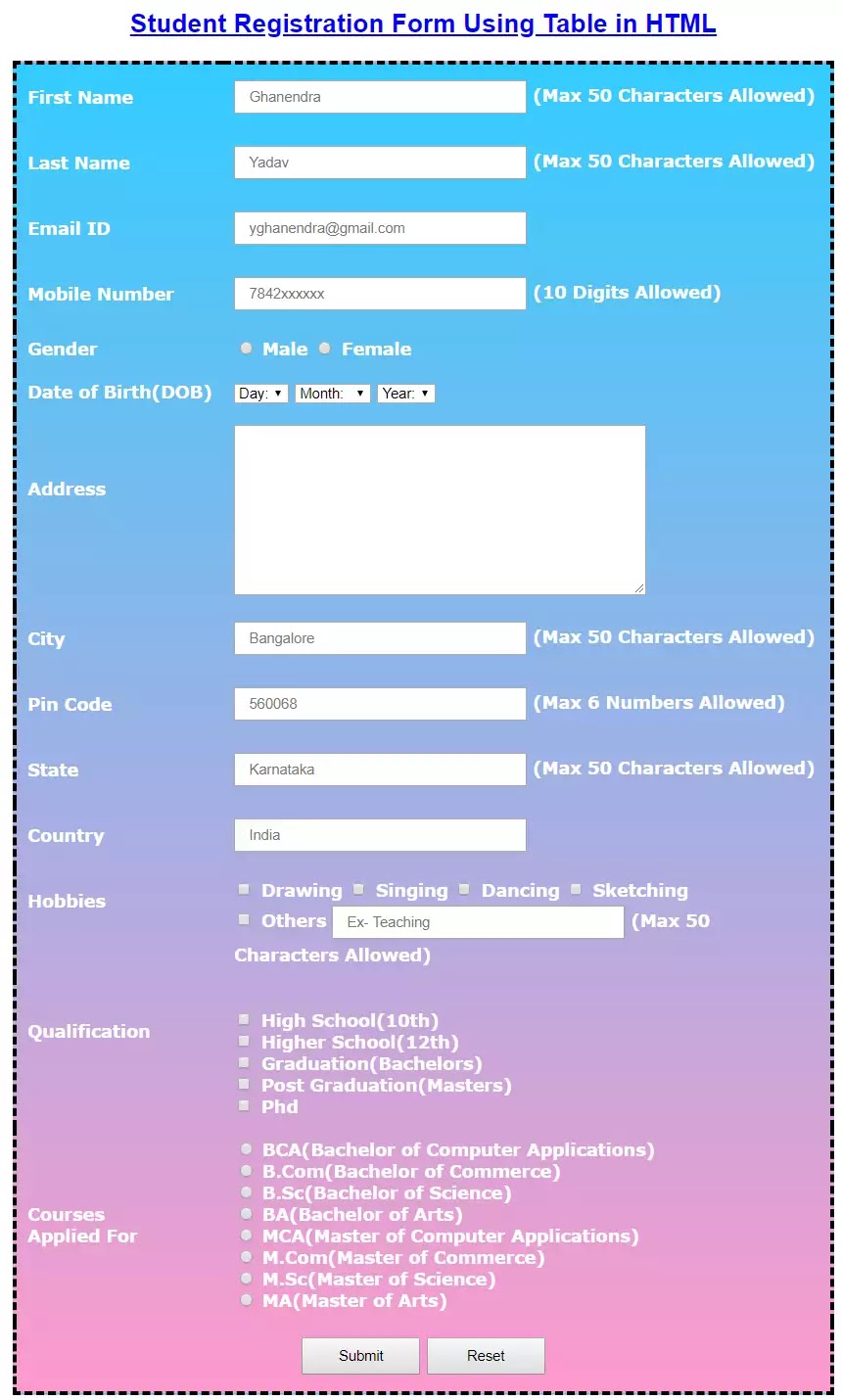 Student Registration Form in HTML and CSS