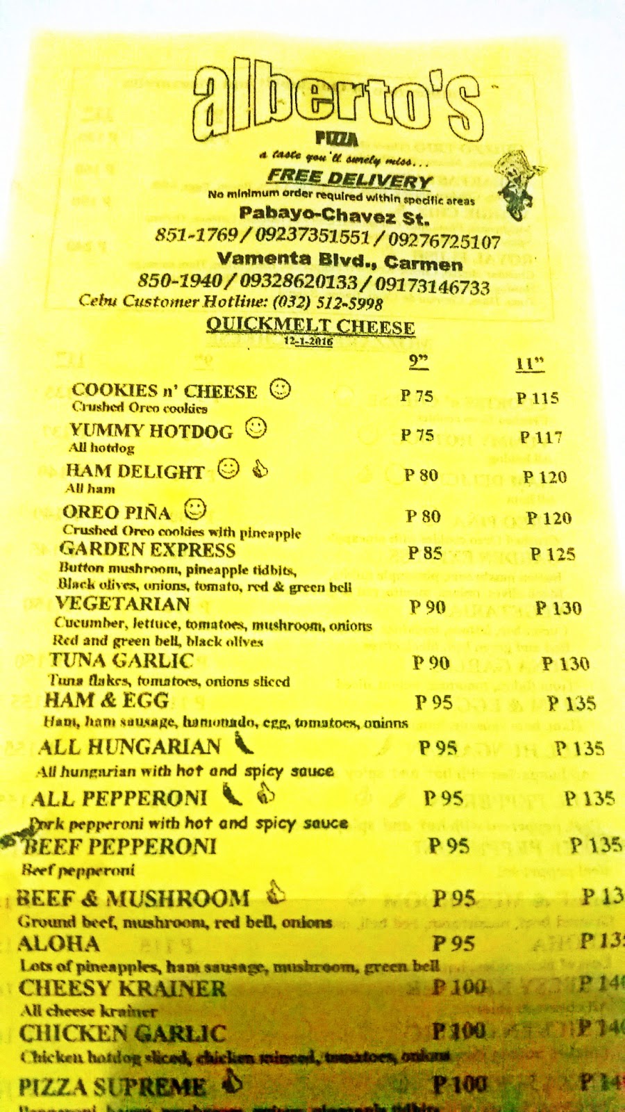 Alberto's Pizza Contact and Menu in Cagayan De Oro City as of October 2018