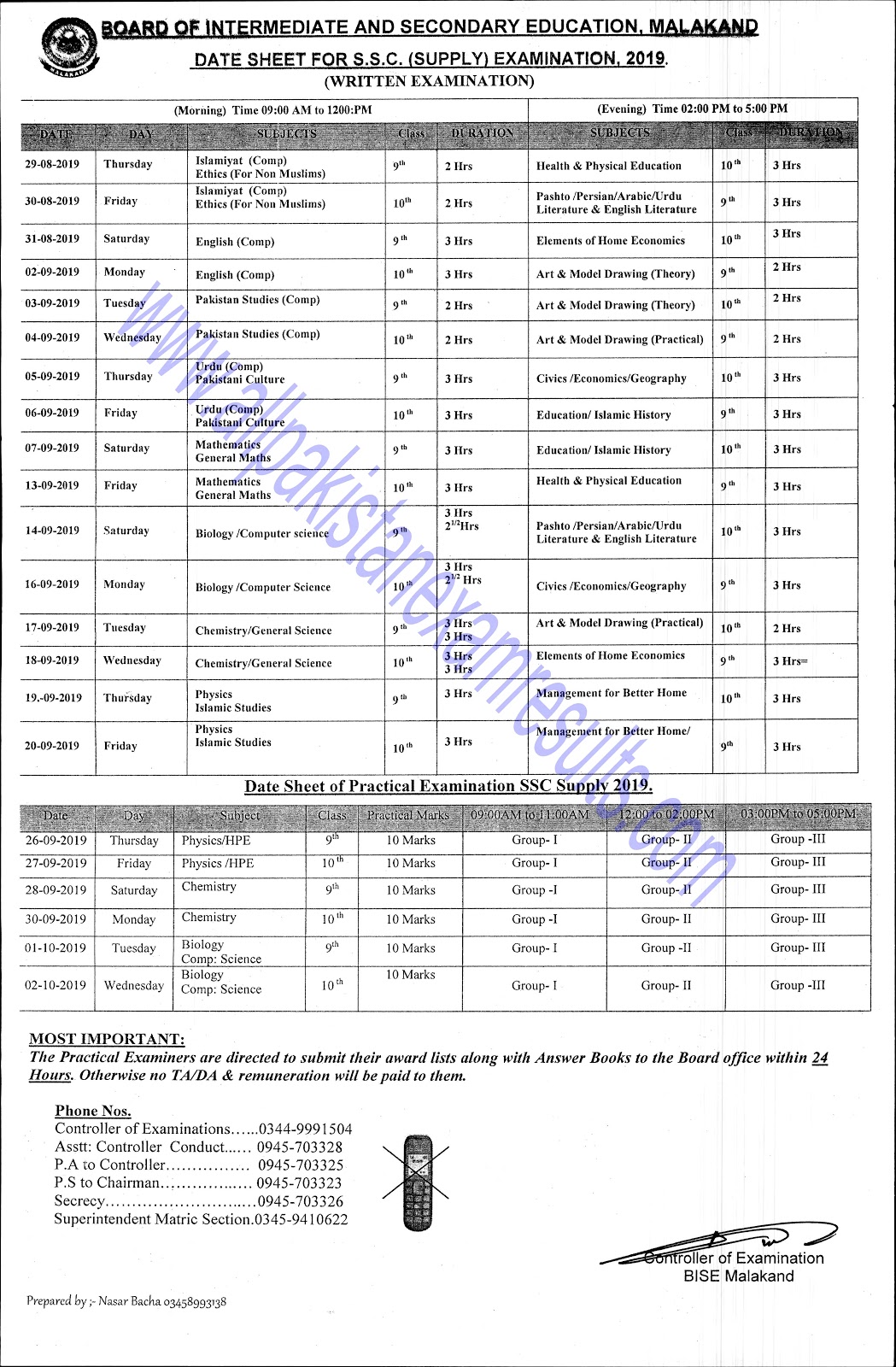 Date Sheet For SSC Supplementary Malakand Board 2019 Date Sheet For SSC Supplementary Malakand Board 2019