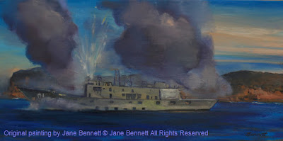 Oil paintings of 'ex HMAS Adelaide' painted en plein air being scuttled at Terrigal, by industrial heritage artist Jane Bennett