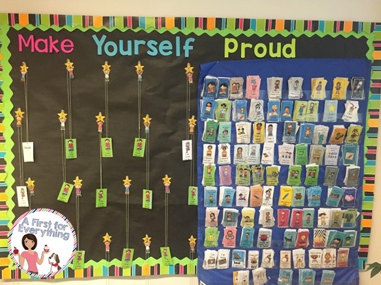 Display brag tags in a pocket chart for easy accessibility and viewing. Students can hang and display their brag tags when they are not wearing them by their student number