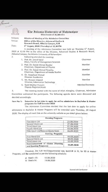 Merit Lists of Bachelor & Master Fall-2020 In IUB