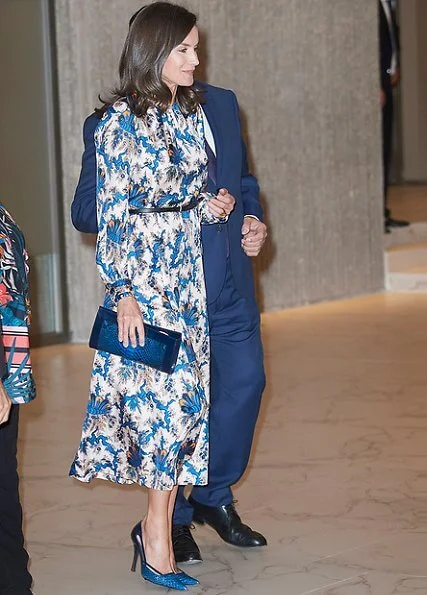 Queen Letizia wore Sandro all-over print long silk dress. Crown Princess Victoria wore Sandro all over print silk dress