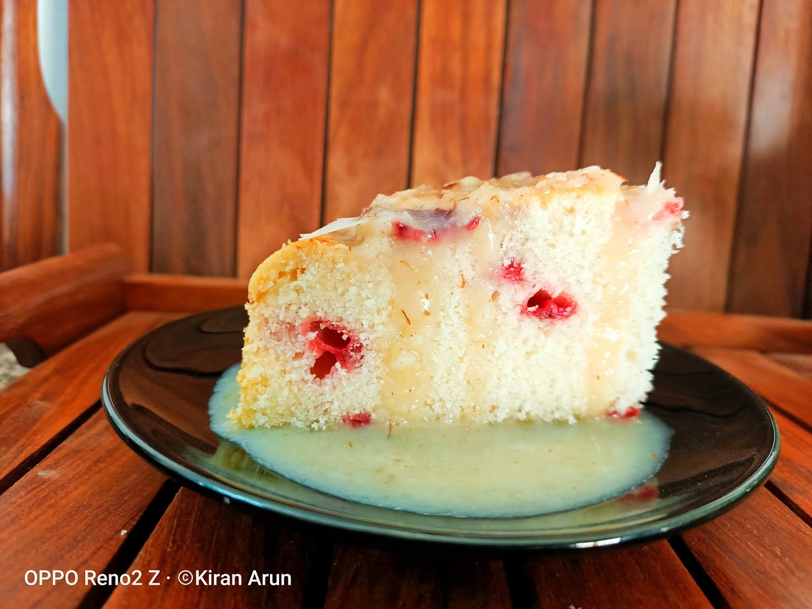 Eggless strawberry cake with almond butter sauce