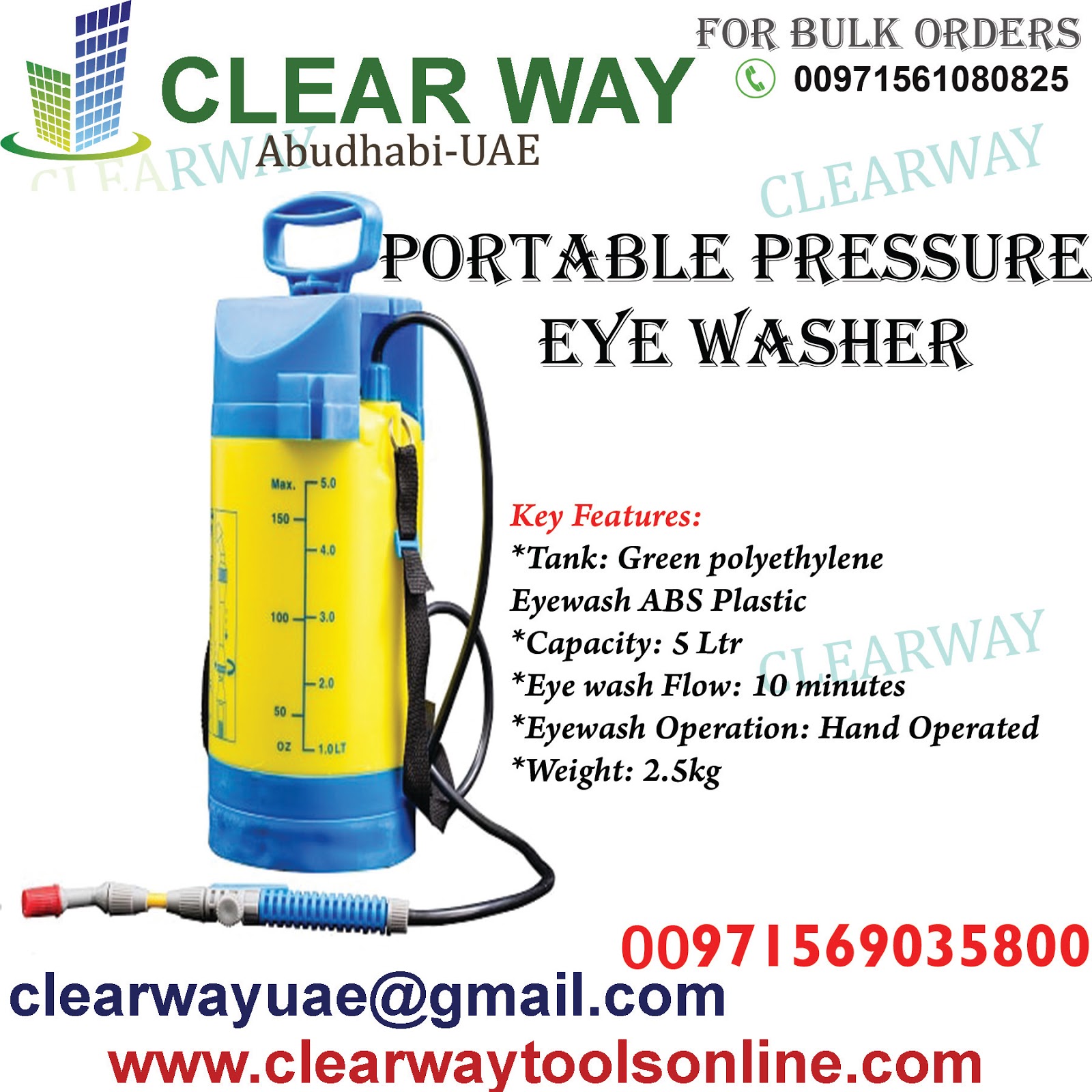 CLEARWAY PORTABLE PRESSURE EYE WASHER DEALER IN MUSSAFAH , ABUDHABI , UAE