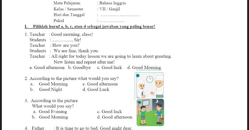 Soal bahasa inggris kelas 7 tentang greeting