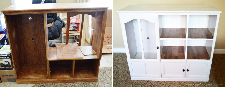 Entertainment Center to DIY Dollhouse and Dress-Up Cabinet from artsyfartsymama.com #upcycle #dollhouse #Barbiehouse
