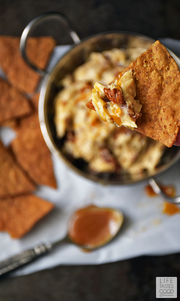 Butter Pecan Cream Cheese Dip | by Life Tastes Good with Harvest Pumpkin Tortilla Chips is like eating a creamy Pumpkin Pecan Pie, only better, because this sweet treat is super easy to make! #LTGrecipes #FoodShouldTasteGood