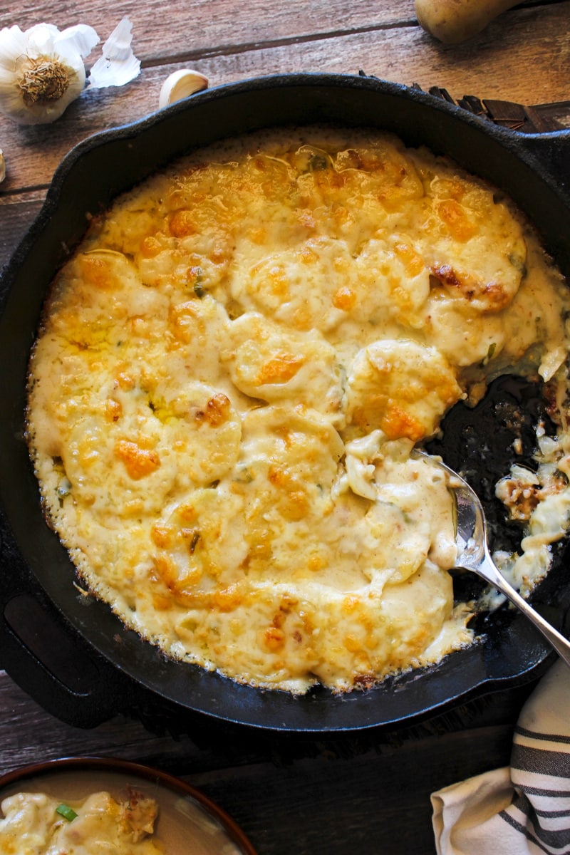 One Skillet Potatoes au Gratin is a cheesy, decadent, easy to make version of the classic potato casserole that requires no boiling and just one skillet to make!  #potatoes #sidedish