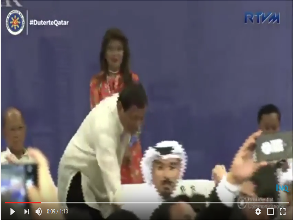 Nearly 7,000 adoring Filipinos applauded Philippine President Rodrigo R. Duterte as he delivered an hour-long impassioned speech punctuated with humour which was interrupted with countless ovations in the evening at Lusail Multipurpose Hall.  President Rodrigo Duterte nearly stumbled on Saturday as he tried to maintain his balance when some unidentified and overexcited Filipino worker accidentally pulled him as he was shaking hands inside the Lusail Sports Arena.  The president’s guards, Cabinet secretaries, and even the Qatari royal guards rushed to Duterte’s aid.