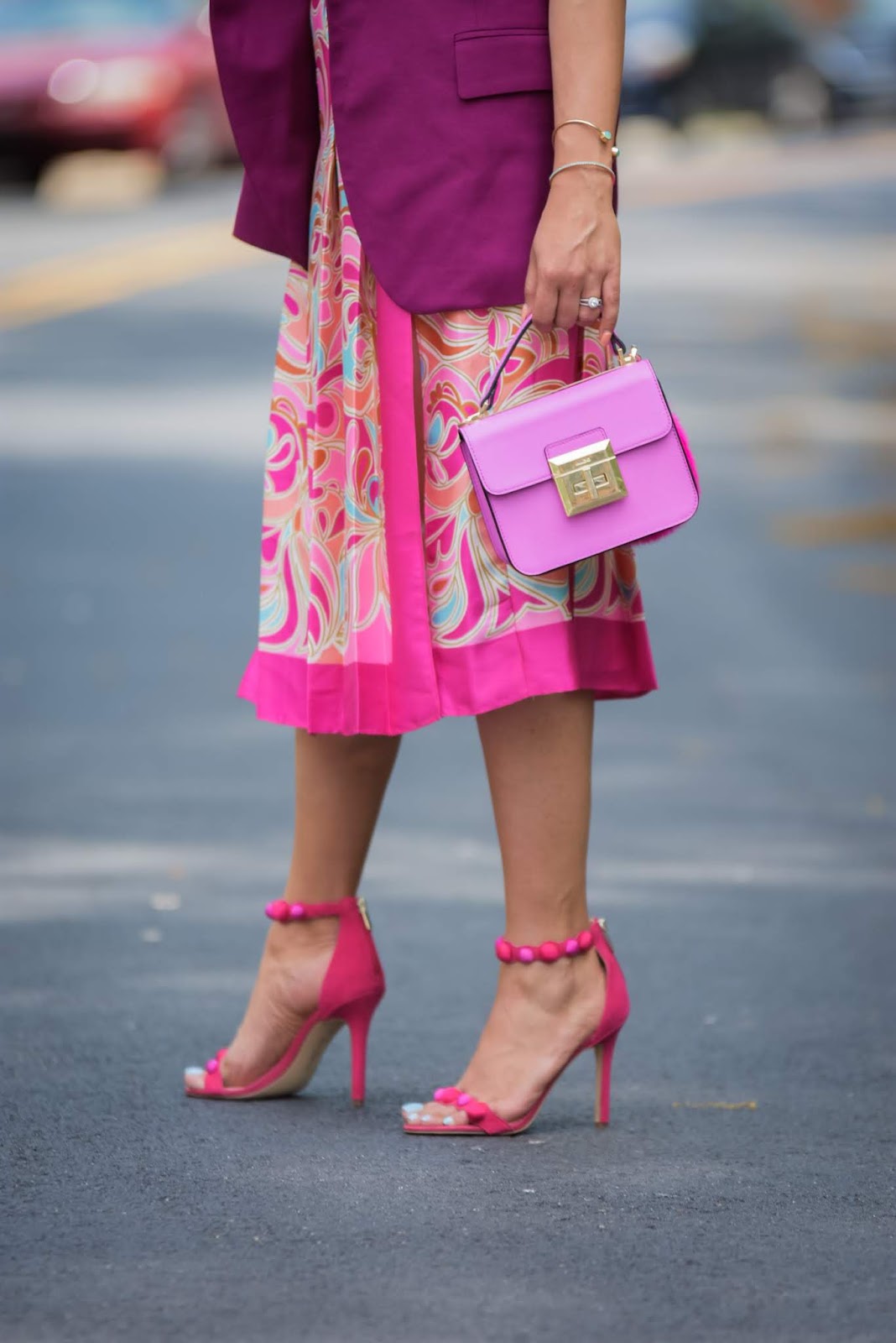 how to wear monochromatic pink, printed seperates zara outfit, pink sam edelman sandals, strappy heels, street style, pink blazer look.,office workwesr, brights, ray ban sunglasses, slit skirt, aldo pink pom pom boag, purple, myriad musings how to wear monochromatic pink, printed seperates zara outfit, pink sam edelman sandals, strappy heels, street style, pink blazer look.,office workwesr, brights, ray ban sunglasses, slit skirt, aldo pink pom pom boag, purple, myriad musings