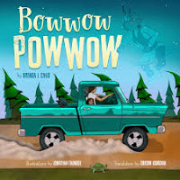 Book jacket for Bowwow Powwow, green truck with 2 people driving on a rural road