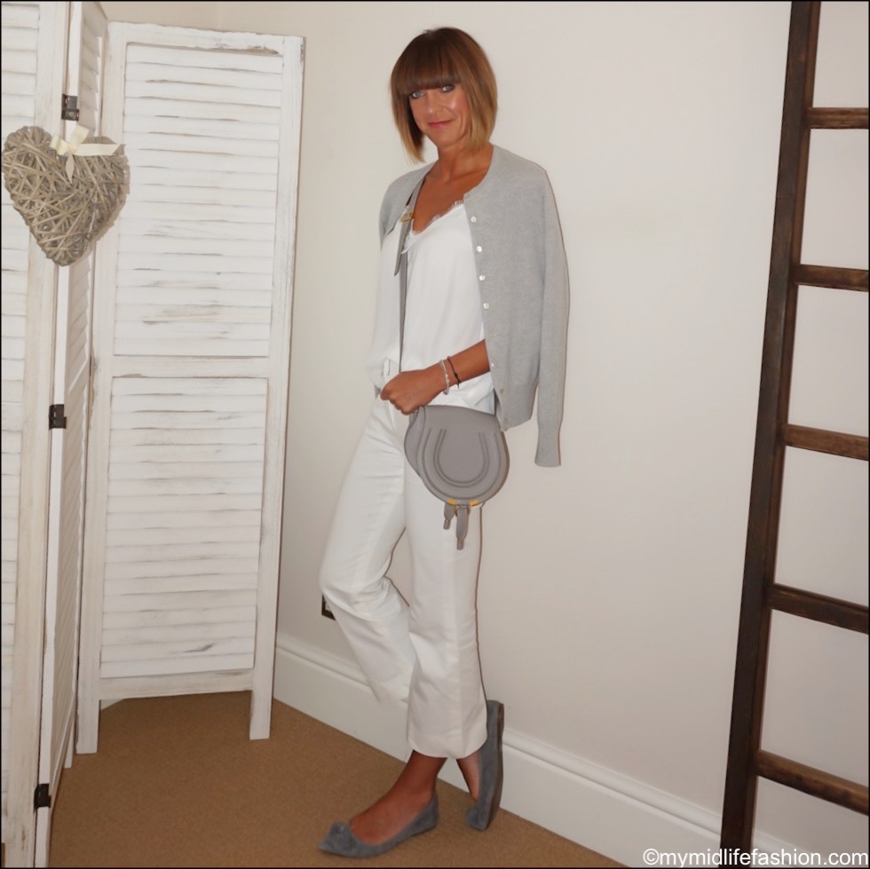 my midlife fashion, marks and Spencer pure cashmere round neck cardigan, Zara lace trim camisole, j crew cropped kick flare trousers, Chloe marci small cross body bag, j crew suede pointed tassel flats