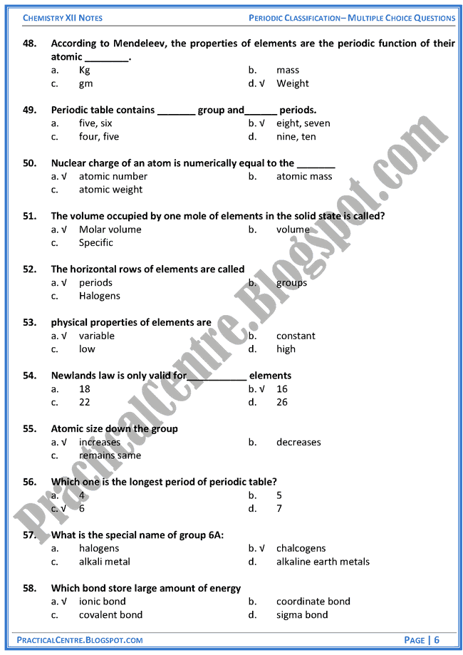 Periodic Classification - MCQs - Chemistry 12th