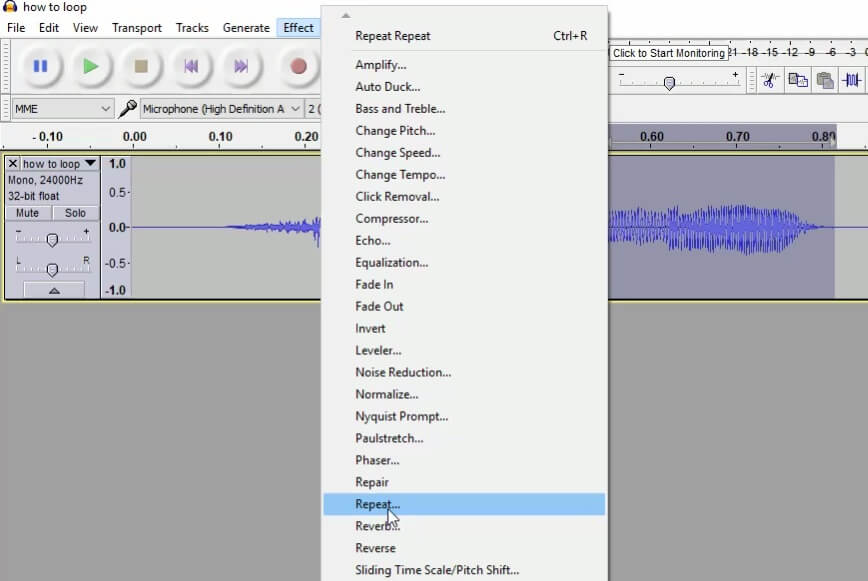How to loop the partial audio clip in Audacity