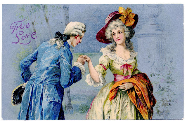 Vintage drawing of Lord and Lady, kissing Lady's hand. 