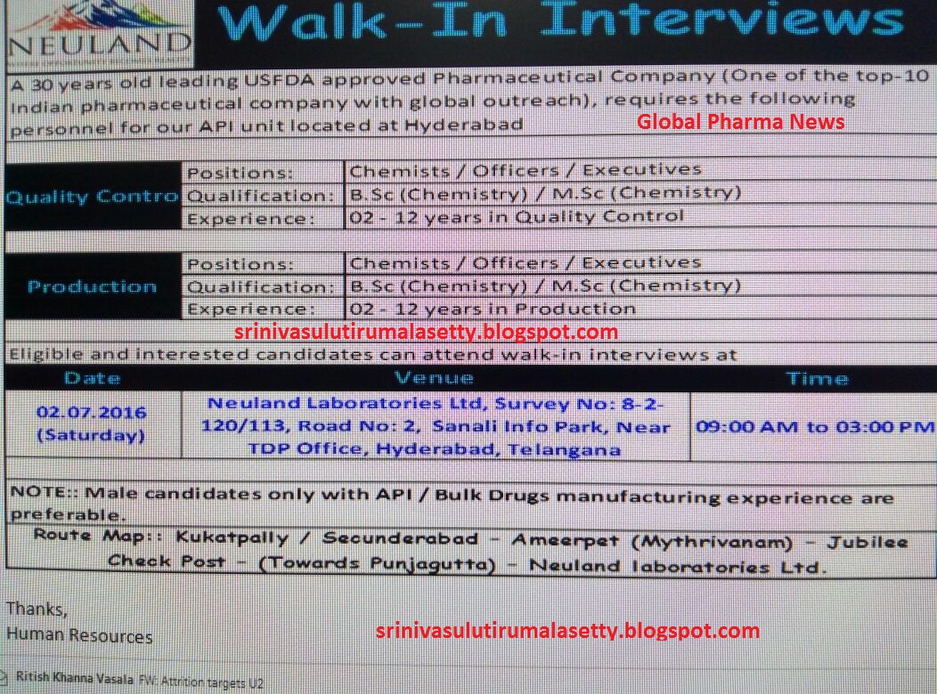 Global Pharma News NEULAND Labs Walk In On 02/07/16 Hyderabad