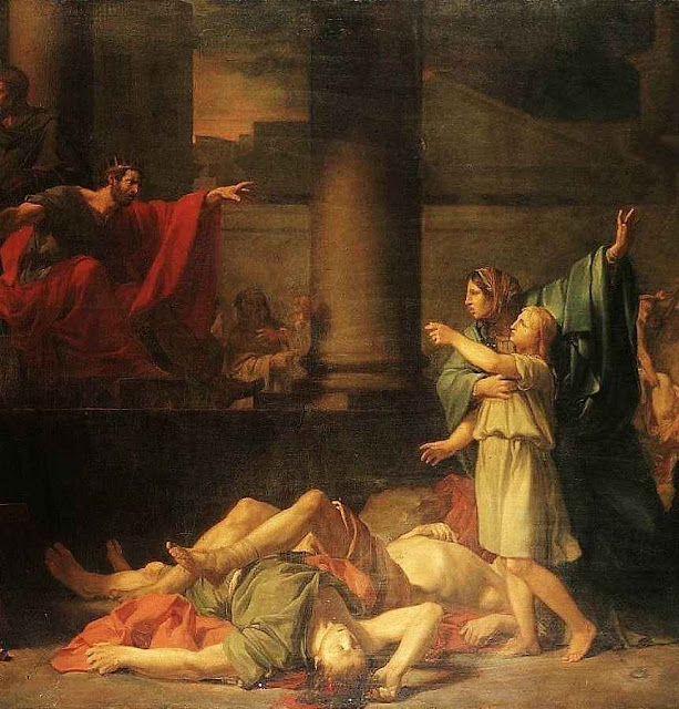 O martírio dos sete irmãos Macabeus, por ordem de Antíoco Epifanio em 166 aC. Os sete e sua heroica mãe que os exortou a morrer sem renegar a Fé, são lembrados como santos pela Igreja Católica. Jean-Baptiste de Vignaly [1762 – 1799]. Beaux-arts de Paris, École Nationale Supérieure.