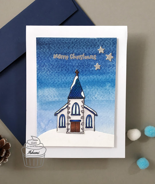 Jane's Doodles Winter Village, Shades of blue card making, Winter village card, Holiday card,,Christmas card,gansai tambi watercolours,Copic markers,Quillish