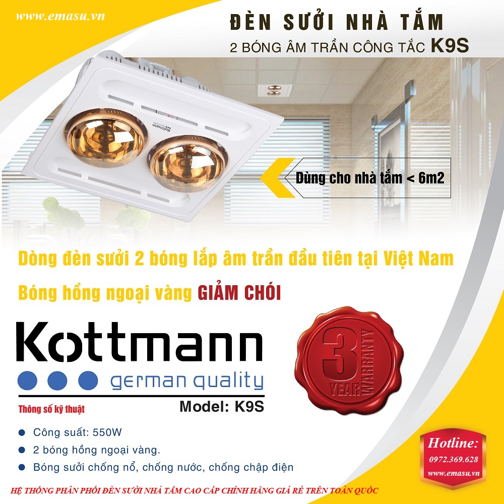 Đèn sưởi nhà tắm âm trần Kottmann K9S