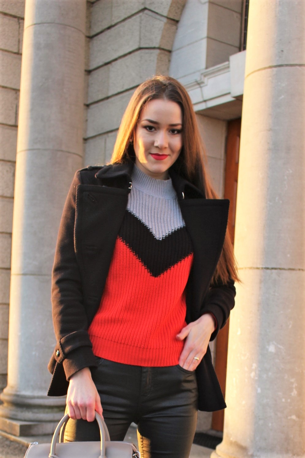 Winter Casual Outfit Black Jeans, Peacoat and Sock Boots Sinnamona