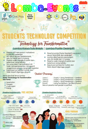 Lomba Karya Tulis Ilmiah & Poster Nasional STC KSE 2019 SMA Sederajat & Mahasiswa
Lomba Karya Tulis Ilmiah & Poster Nasional STC KSE 2019 SMA Sederajat & Mahasiswa