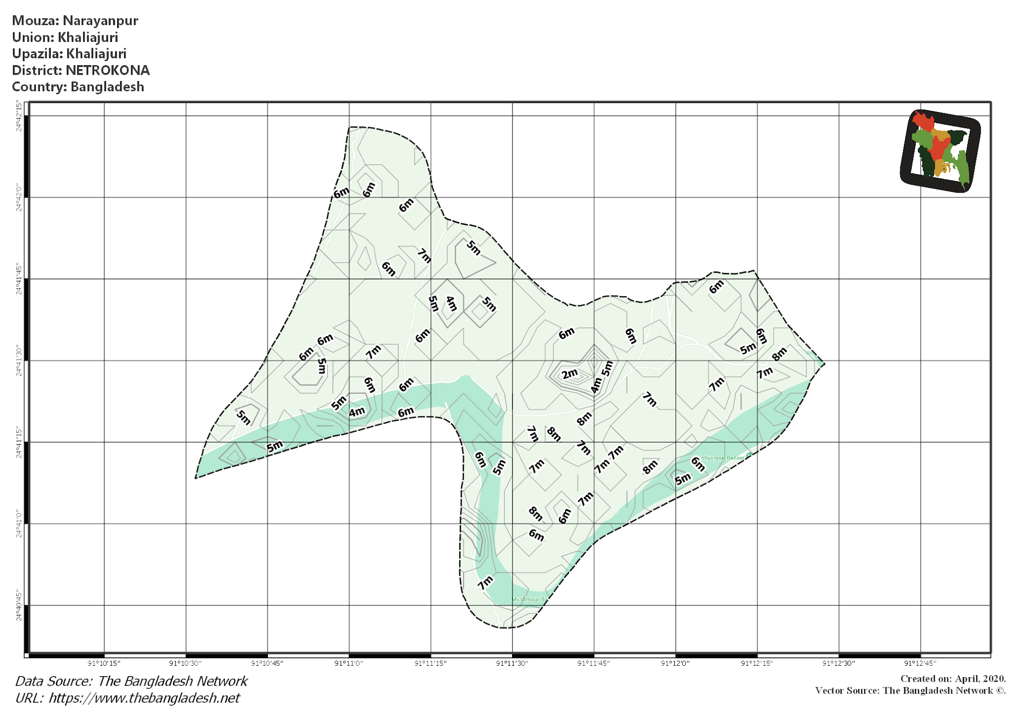 Map of Narayanpur Mouza of Khaliajuri Upazila, NETROKONA, Bangladesh.