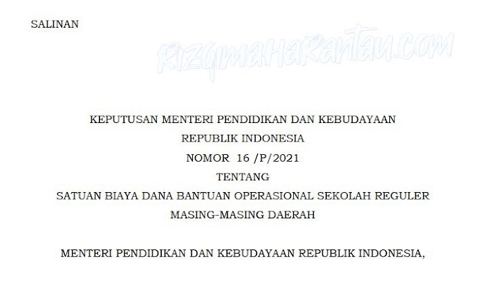 Berikut Satuan Biaya Dana BOS Regular Masing-Masing Daerah Tahun 2021