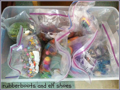 organizing sensory bin stuff - rubber boots and elf shoes