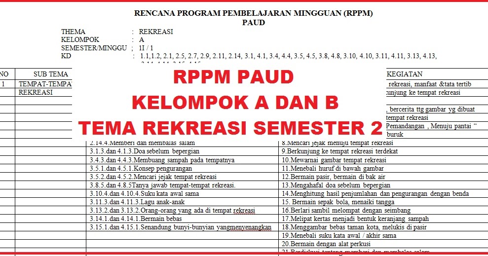 RPPM PAUD TEMA REKREASI SEMESTER 2 KURIKULUM 2013 ARSIP PAUD